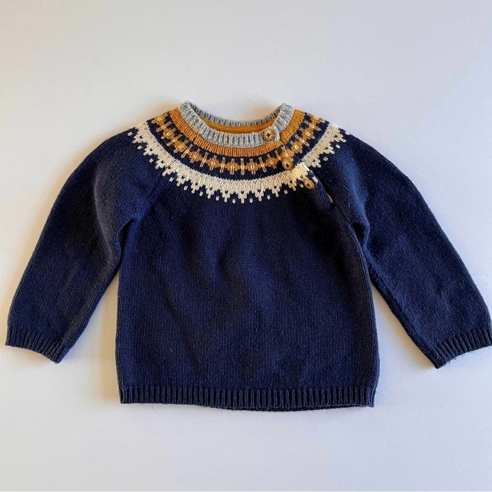 Baby Boden Navy Mustard Fair Isle Cotton Wool Crewneck Sweater Size 18 Months
